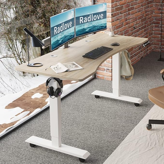 Radlove Electric Standing Desk 55 x 30 Height Adjustable Computer Desk Sit Stand Desk Home Office Desks with Splice Board and A Under Desk Cable Management Tray (White Frame + Oak Top)