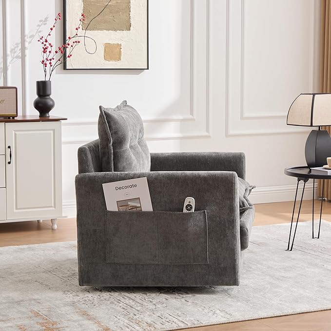 Oversized Swivel Chair 36 Chenille Swivel Armchair Accent Chair for Living Room Mid Century Modern Comfy Thick Padded Arm Chairs Grey