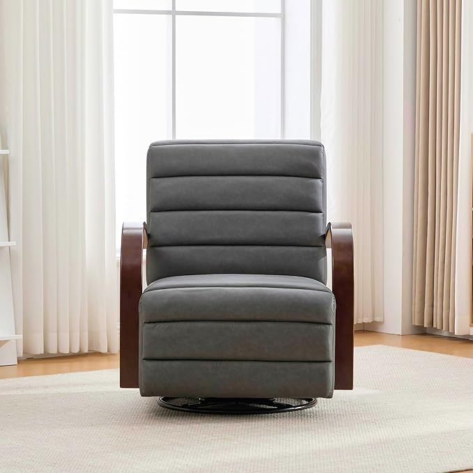 KEIKI 360° Swivel Armchair 30.3 W Upholstered Accent Chair with Solid Wood Arms Comfy PU Lounge Single Sofa Chair for Living Room Bedroom Reading Nook Gray
