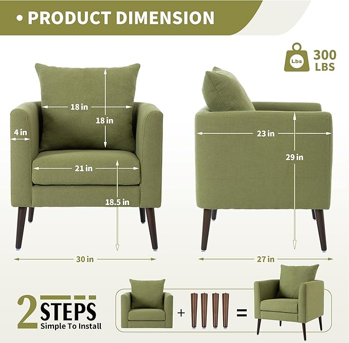 Comfy Accent Chair for Living Room Modern Fabric Upholstered Armchair with Solid Wood Legs Supportive Back Cushions and Easy Assembly Olive Green