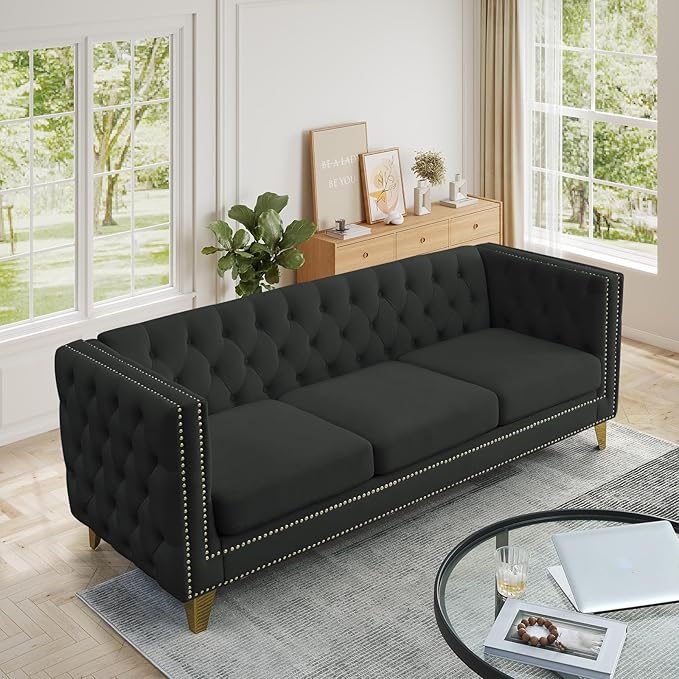 Chesterfield SofaVelvet 3 Seater Modern Couch with Button Tufted &amp Nailhead Trim Upholstered Deep Seat Couch Oversized Comfy Sofa for Living Room Bedroom Apartment Office(80.5W Black)