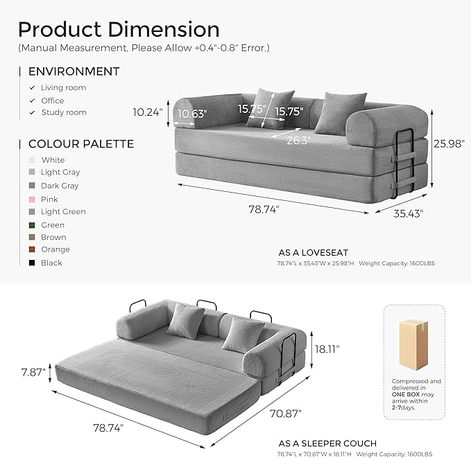 79 Convertible Floor Sofa Bed 5-in-1 Modular Sleeper with Removable Parts No Assembly Corduroy Futon from Sofa to Oversized Bed Non-Slip Base for Living Room Dorm (Light Gray)