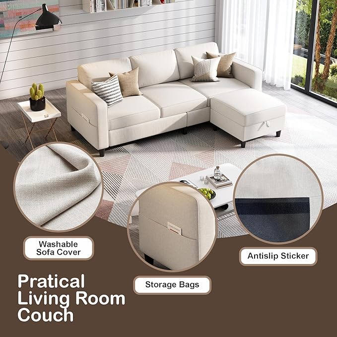 Sectional Sofas Couches for Living Room L-Shaped Couch with Ottoman | 3 Seats Storage Sofa Modern Linen Beige 78“ Small Couch Removable Ottoman