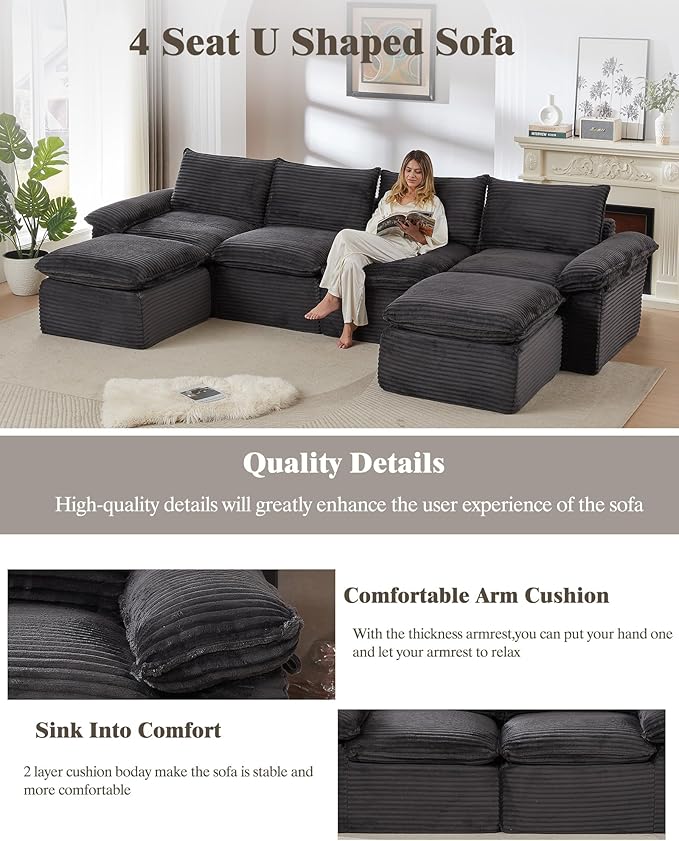111 Cloud Sectional Couches for Living RoomConvertible Boneless U Shaped Couch with Ottomans Modern Modular Sectional SofaOversizedDeep Gray