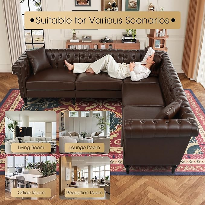 99.4 X 99.4 L Shaped Couch Faux Leather Sectional Couch with Three Pillows Chesterfield L Shaped Sofa 5 Seat PU Leather Sectional Couches for Living Room Brown