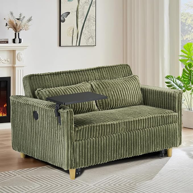 54W Convertible Sleeper Sofa Bed3-In-1 Corduroy Pull Out Couch BedFuton Loveseat Sleeper Couch with Adjustable Backrest &amp USB Ports &amp Side TableRecliner for Living Room/Office/Small Space(