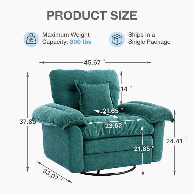 360° Swivel Accent Chair Oversized Plush Modern Chenille Armchair with Padded Seat &amp Back Comfy Spinning Chair for Living Room Bedroom Office (Teal)