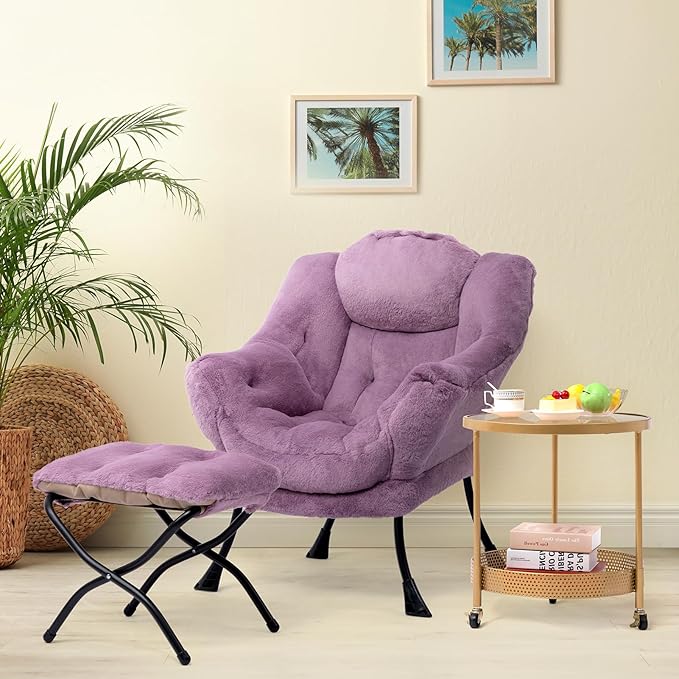 HollyHOME Lazy Chair with Foldable Ottoman Accent Comfy Lounge Armchair and Folding Footrest Stool Leisure Sofa Reading Chair and Footstool for Living Room Bedroom DormFaux Fur Purple