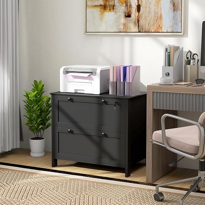2 Drawer Small File Cabinet with Lock Under Desk Locking Storage Drawers Organizer Filing Cabinets for Home OfficeModern Farmhouse FurnitureBlack