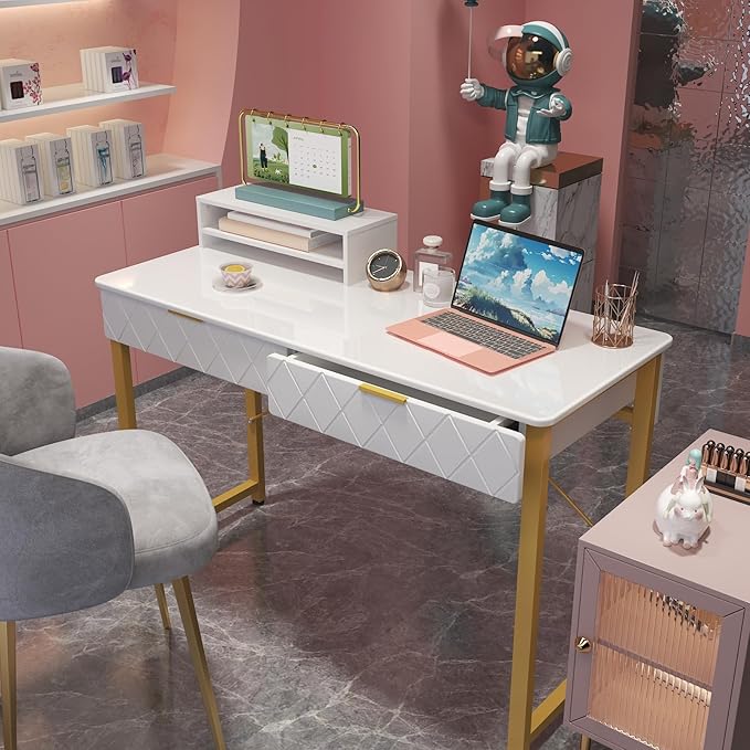 WESTREE 40 White and Gold Desk with 2 Drawers and Storage Shelf Modern Makeup Vanity with Glossy Desktop Gold Metal Frame Writing Desk for Bedroom or Home Office No Mirror