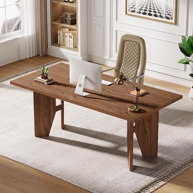 Tribesigns 63-Inch Executive Desk Mid-Century Modern Office Desk with Sturdy Legs Large Wooden Computer Desk Business Workstation for Home Office Brown