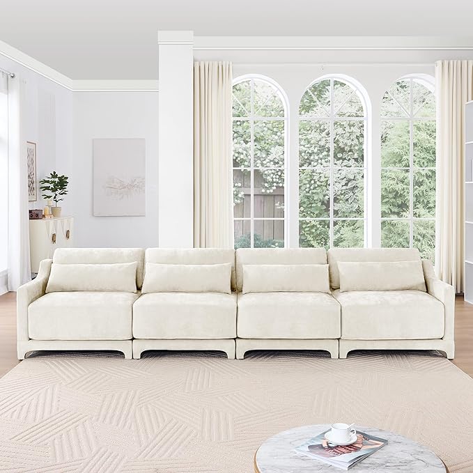 Modular Sectional Sofa Set Optional 2-4 Seater with Lumbar Pillows &amp 0-2 Ottomans Chenille Fabric Ergonomic Easy Assembly for Living Room/Bedroom/Reading Nook (4 SeatBeige)