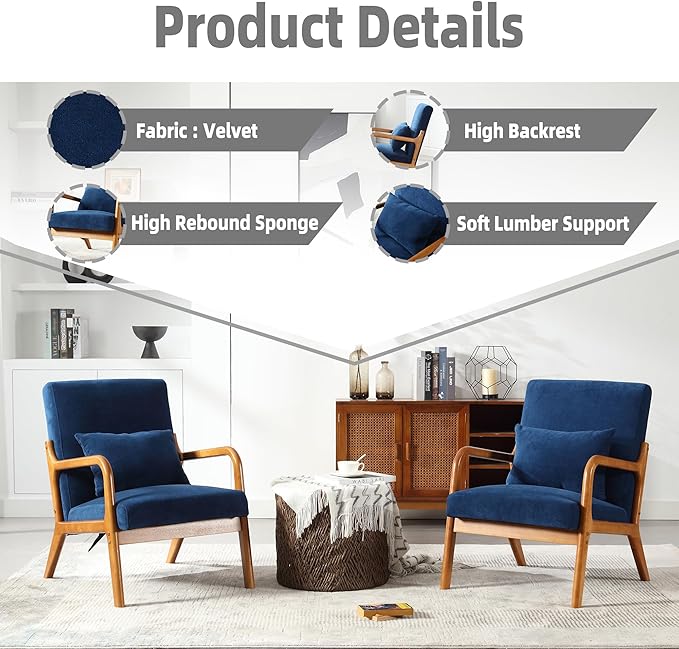 Modern Accent Chair Solid Wood Padding Lounge Armchairs with One Pillow for Living Room Bedroom Guest Room (Navy)