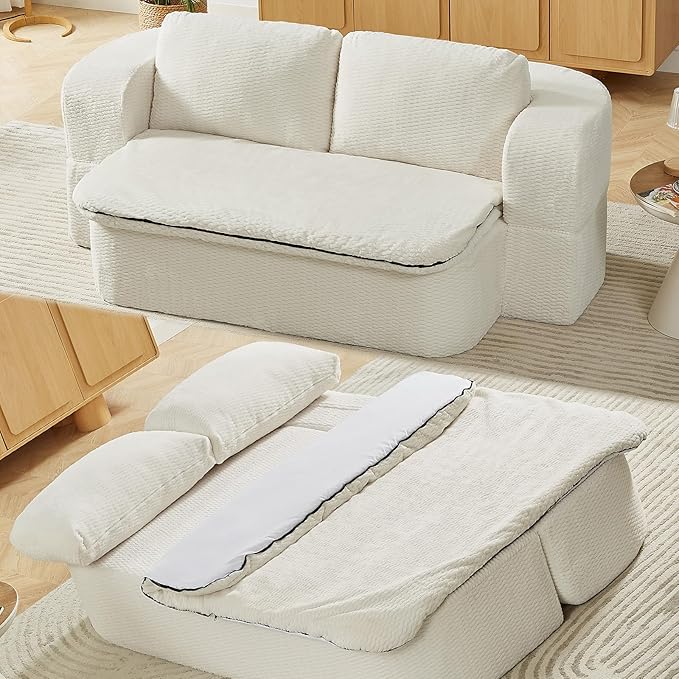 2-in-1 Convertible Sofa Bed 74.8 Memory Foam Boneless Couch Bed Full Size Love Seat Sleeper Sofa Floor Couch Loveseat with 2 Pillows for Living Room Bedroom Apartment Office No Assembly Cream