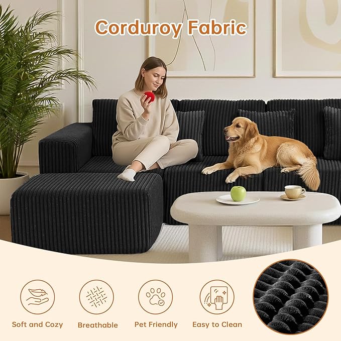 132 Cloud U-Shaped Sectional SofaModular Boneless Couch with OttomanCorduroy 4-Seater Couch for Living RoomNo Assembly RequiredDeep SeatPlush Cushion Back (Black)