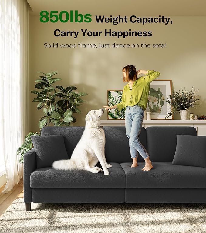 Teddy Sofa Couch 83 Comfy Couches for Living Room Classic Grey | 22 Extra Deep Seat Tool-Free Sofas All-Wood Loveseat 2 Pillows Included 850lbs Load-bearing