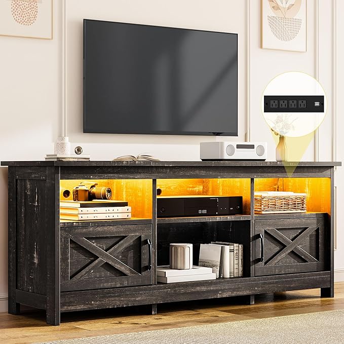 DWVO TV Stand for up to 65 Inch TV Entertainment Center with Storage TV Cabinet with Power Outlet &amp LED Light Strip Media Console Television Stands for Living Room Dark Rustic Oak