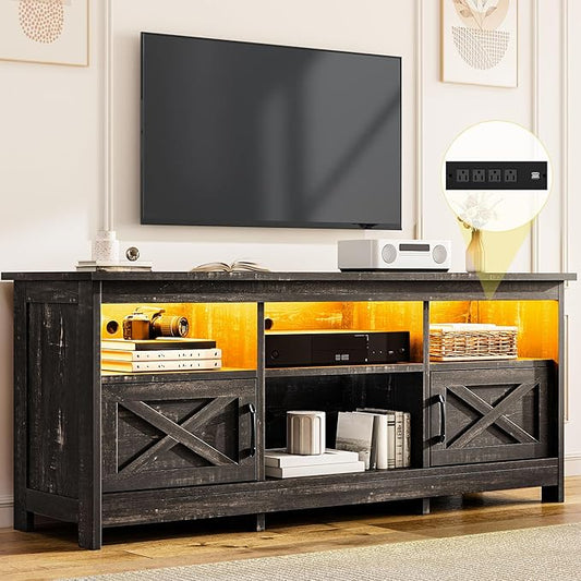 DWVO TV Stand for up to 65 Inch TV Entertainment Center with Storage TV Cabinet with Power Outlet &amp LED Light Strip Media Console Television Stands for Living Room Dark Rustic Oak
