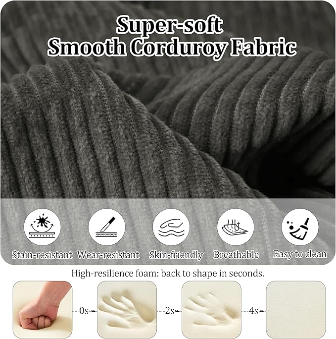 53.15'' Convertible Compressed Corduroy Folding Cloud Sofa Bed Modern Boneless Pull Out Loveseat Sleeper in a Box 4 in 1 Floor Mattress Futon Cloud Couch No Assembly Needed Grey 2 Pillows Full