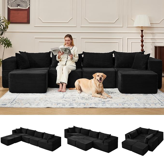 HOMREST 131 Cloud Couch Sectional U Shaped Modern Sofa with 2 Ottomans Comfy Corduroy Fabric Modular Sectional Sofa in a Box Boneless Couches for Living Room No Assembly Required (Black)