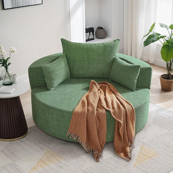 360° Swivel Barrel Chair - Oversized Round Sofa Chair and A Half with Pillows Comfy Modern Upholstered Chenille Deep Seat Circle Chaise Lounge for Living Room Bedroom Office Hotel (Moss Green)