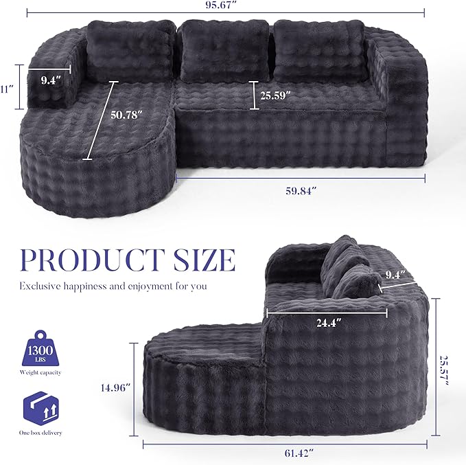 Hobestluk 96 Cloud Sectional Couch Modern Boneless Couch 3 Seater with Oversized Chaise L Shaped Modular Sofa Couches for Living Room Apartment No Assembly Required (Bubble Grey Left Facing Chaise)