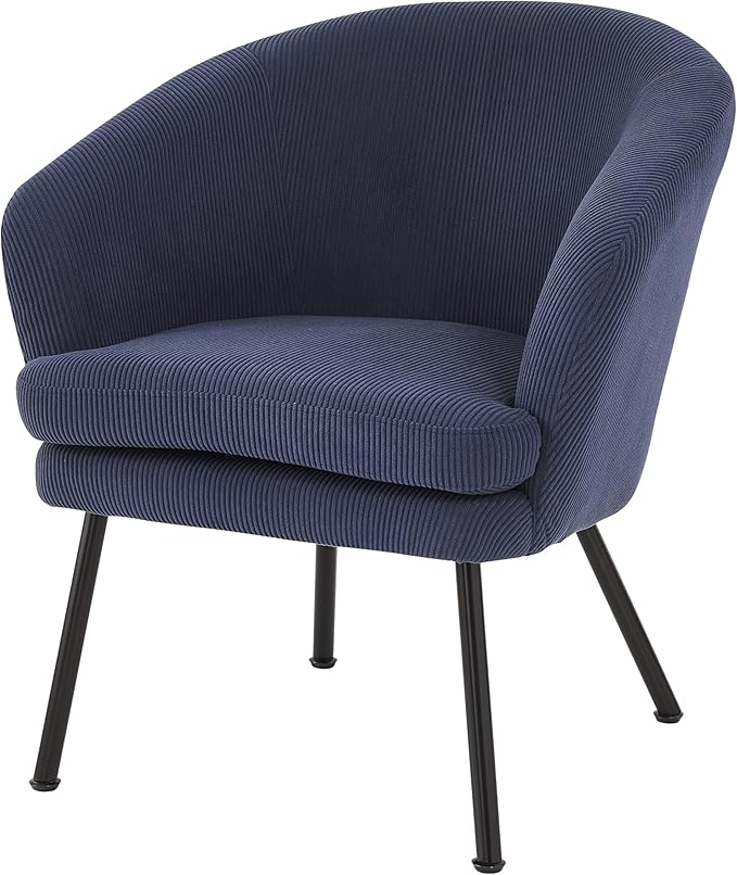 Modern Corduroy Accent Chair with Channel Back Design Black Metal Legs and Soft Upholstery Comfortable Seating for Living Room Bedroom or Office Blue