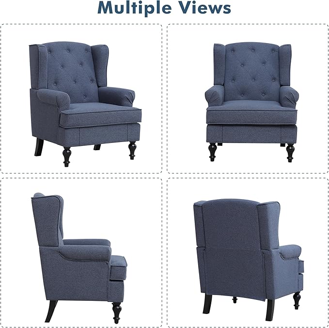 Accent Chair Set of 2 Mid Century Modern Fabric Wingback Chair Upholstered Armchair with High Back and Vintage Legs Comfy Single Sofa Side Reading Chair for Living Room Bedroom Blue
