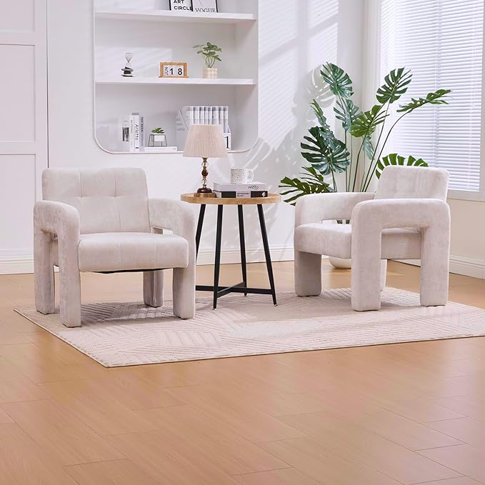 Modern Accent Chair Set of 1 Chenille Fabric Upholstered Reading Armchair Mid-Century Leisure Comfy Single Sofa Chair for Living Room Bedroom Home Office (Beige Set of 1)