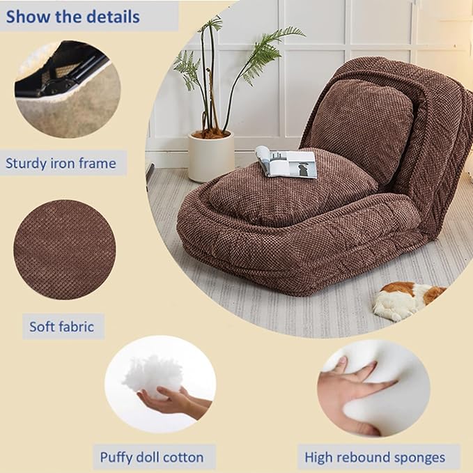 Lazy Sofa Couch 5 Adjustable Position Floor Sofa Fits with 2 Pillows Folding Tatami Lazy Bed Suit to Put in Bedroom Living Room (Brown)