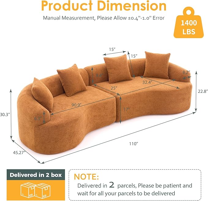 Oversized Sectional Sofa for Living Room 110 Modern Luxury Plush Chenille Sofa 4-Seater Extra Deep &amp Wide Seat Curved Cloud Couch with 4 Throw Pillows Orange