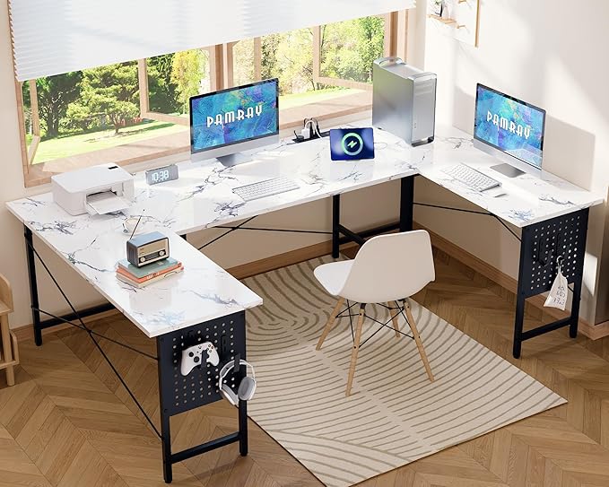 Pamray 71 Inch Large Computer Desk with Power OutletsU Shaped Corner Desk for Home Office Work and Gaming Marble