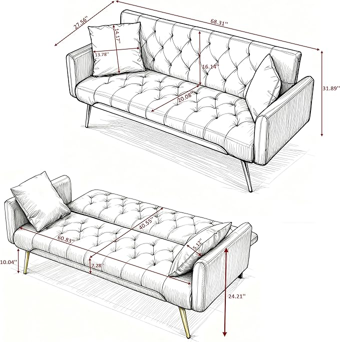 68.5” Futon Sofa Bed Convertible Futon Couch with Adjustable BackrestFolding Sofa Bed with 2 Pillows &amp Metal Legs Sleeper Loveseat with Armrest for Home Office (Bule)