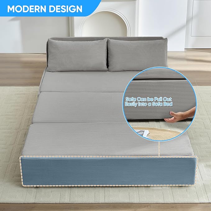 PUREMIND 3-in-1 Queen Size Pull Out Sofa Bed Convertible Corduroy Couch with Pillows and 3.9 Memory Foam Mattress Loveseat Sofa-Bed for Living Room Apartment (Light Grey)