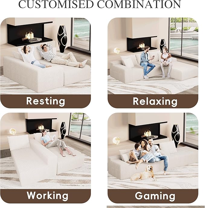 NAYA 106” Modular Sectional Sofa Cloud Sectional Couch with Deep Seat Modern Modular L-Shape Sofa Boneless Couch with Chaise for Living Room Bedroom (Beige Right Facing Chaise)