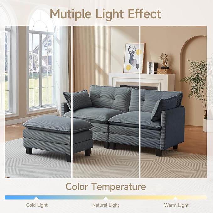 Modular Sectional Sofa 76.5 L-Shaped Corduroy Comfy Sectional Couches for Living Room 2-Seater Cloud Couches with 1 Movable Ottoman Flexible Combination Modern Deep Seat Sofa (Grey)