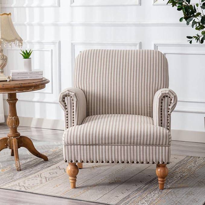 Linen Accent Chair Mid-Century Modern Living Room Armchair with Nailhead Trim &amp Wood Legs Comfy Upholstered Single Sofa Chair for Lounge/Bedroom/Reception Khaki Stripe