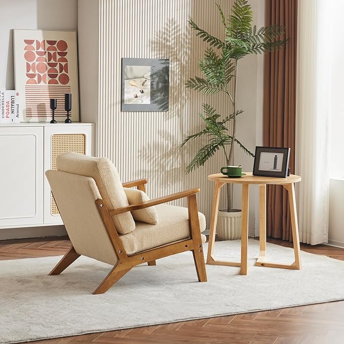 Karl home Accent Chair Wide Armrest Mid-Century Lounge Chair Teddy Fleece Armchair with Lumbar Pillow &amp Solid Wood Frame for Living Room Bedroom Balcony Khaki