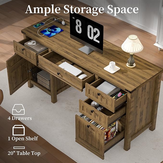 Executive Desk Modern Farmhouse Computer Desk with Drawers &amp Cabinet Home Office Desk for Work Study Writing Workspace (Light Brown 62)