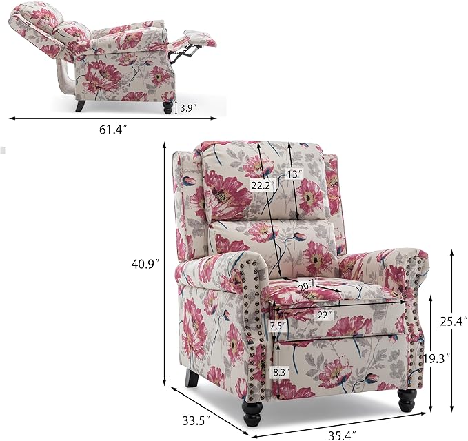 Pushback Recliner Chair Upholstered Armchair Wingback Recliner Chair Floral Fabric Push Back Recliner with Wood Legs Rivet Trim Single Sofa Accent Chair for Living Room Bedroom Pattern White