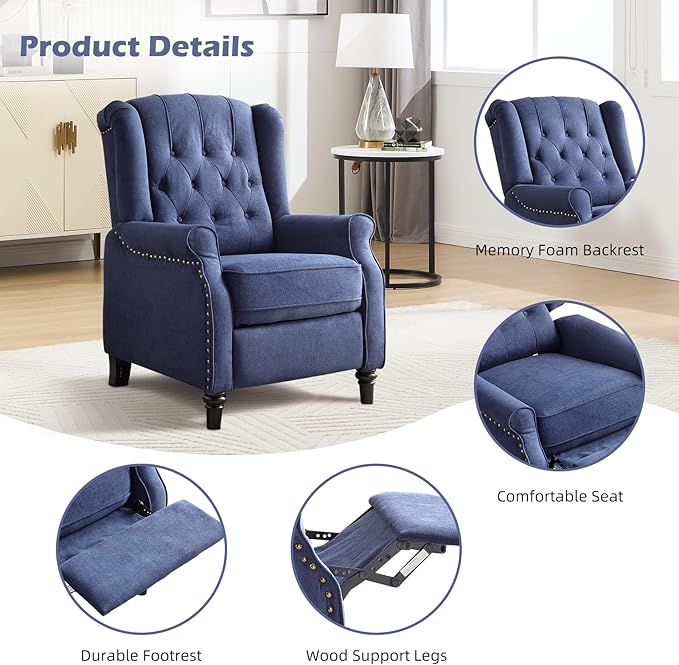 EBELLO 2 Pcs Push Back Recliner Chair Fabric Accent Chair Pushback Recliner with Rivet Decoration Button-Tufted Back Mid Century Wingback Armchair for Living Room Bedroom Blue
