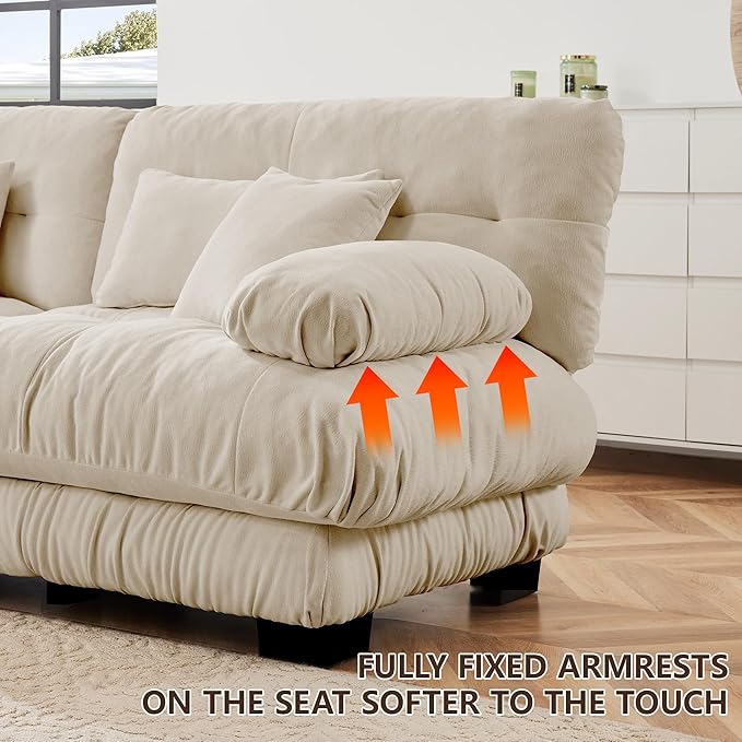 94.4 L-Shape Modular Cloud Sectional Sofa with Chenille Plush Fabric - 2 Seater Couch with Deep Seat and Movable Ottoman for Living Room Apartment and Office - Light Coffee