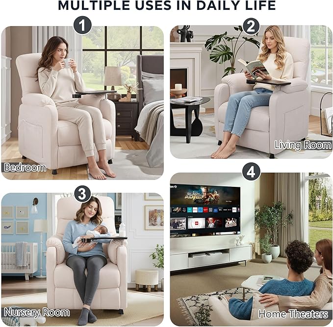 Holaki Power Recliner Chair Chenille Living Room Chairs Reading Lounge Chair Home Theater Seating with Swivel Tray Table and Footrest for Small Spaces Nursery(White)