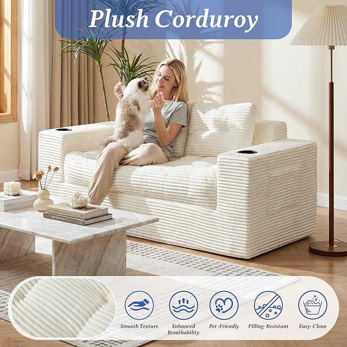 HOMREST 61 Bean Bag Chair for AdultsUpholstered Floor Sofa with Cup HolderLoveseat Boneless Couch for Small SpacesSofa in A Box Large Bean Bag Couch for Bedroom Living Room Beige