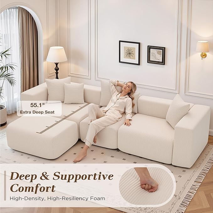 117” Boneless Cloud CouchSectional Modern 4 Seater L-Shaped Sleeper Sofa CouchesNo Assembly Modular Corduroy Convertible Sponge Compression Sofas with Chaise and Ottoman for Living Room(Beige)