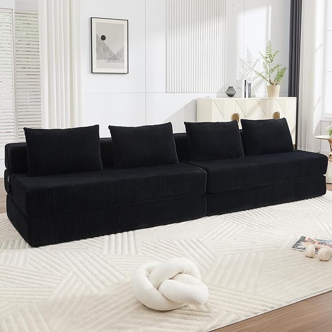 GNIXUU Fold Out Couch 3-in-1 Convertible Futon Sofa Bed with 2 Pillows Corduroy Foldable Floor Chair Boneless Loveseat Couches for Living Room Bedroom Small Spaces Black