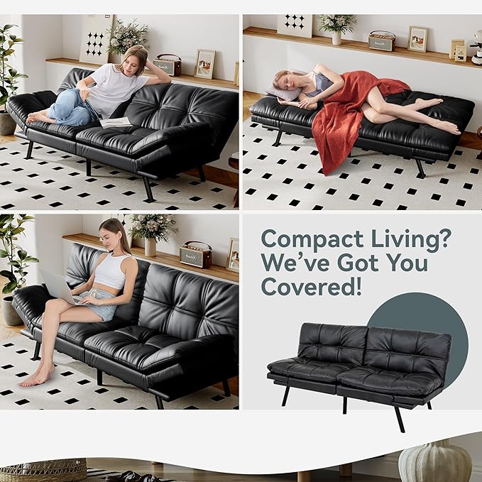 Futon Sofa Bed Convertible Couch Black Faux Leather Sofa Bed with Memory Foam Adjustable Backrest &amp Armrests Multifunctional Small Loveseat Sleeper Sofa for Living Room Apartment Office