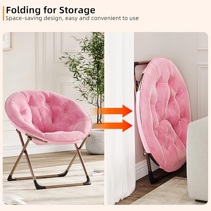 Garvee Saucer Chair Comfy Chair Faux Fur Lounge Moon Chair with Folding Metal Frame Oversized Plush Foldable Flower Accent Seat for Adults Teens Bedroom Dorm or Living Room(1PCS Pink)