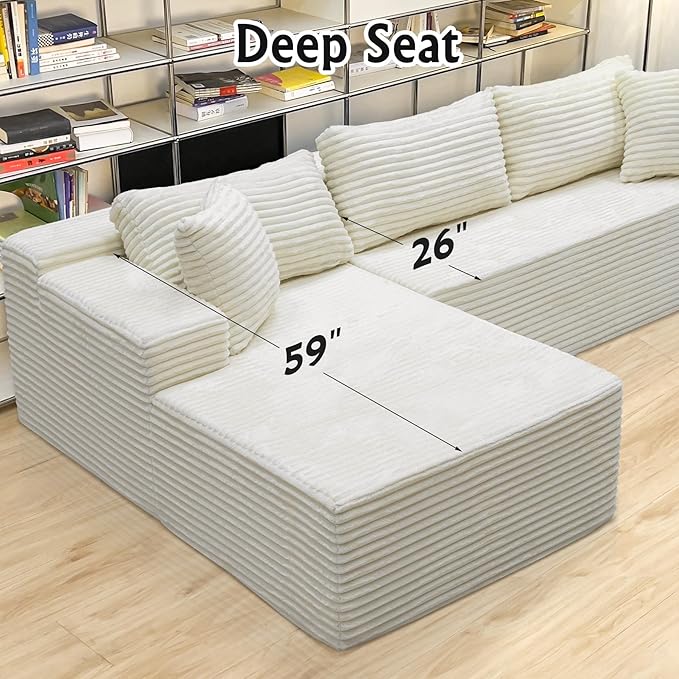 White sectional couches for Living Room Corduroy Couch104 Cloud Sectional Couch with L-Shape Chaise Modern Modular Sofa Deep Seat Comfort No Assembly Required(Plush Corduroy Fabric)