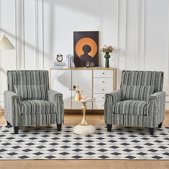 Stripes Accent Chair Modern Upholstered Boucle Fabric Armchair Single Sofa with Wood Legs for Living Room Patio Green Stripes.